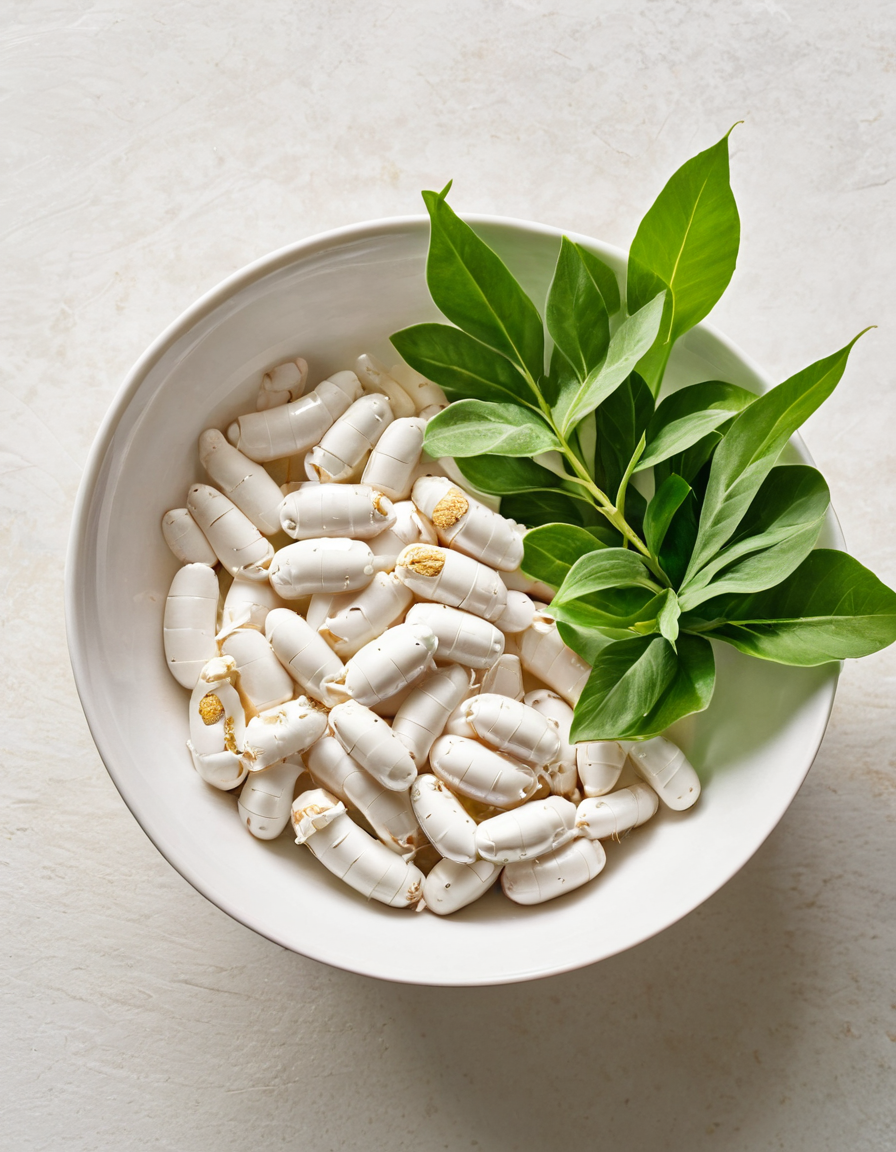joint supplement capsules in a ceramic bowl with ginger and greens