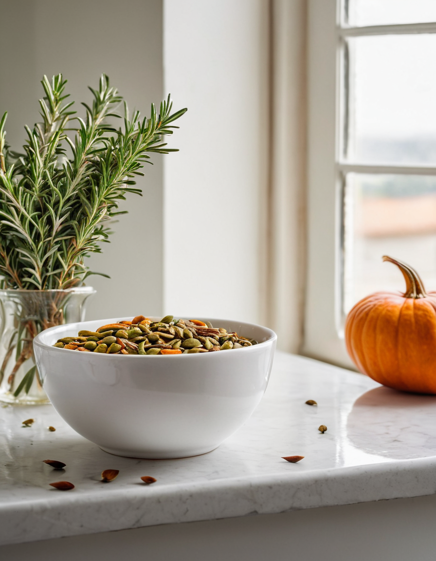 hair growth capsules in a ceramic bowl with rosemary sprigs