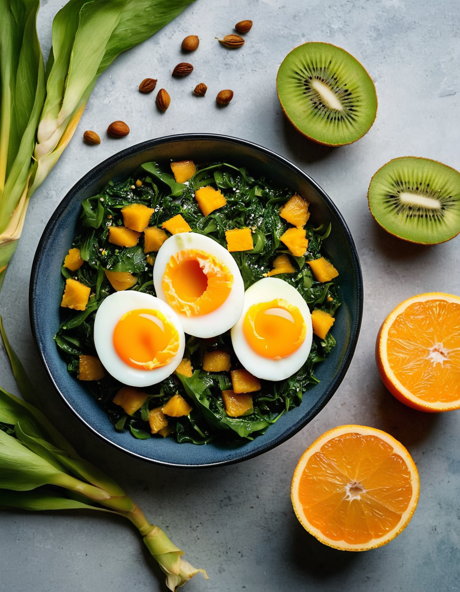 salad bowl with greens eggs and fruit for macular support