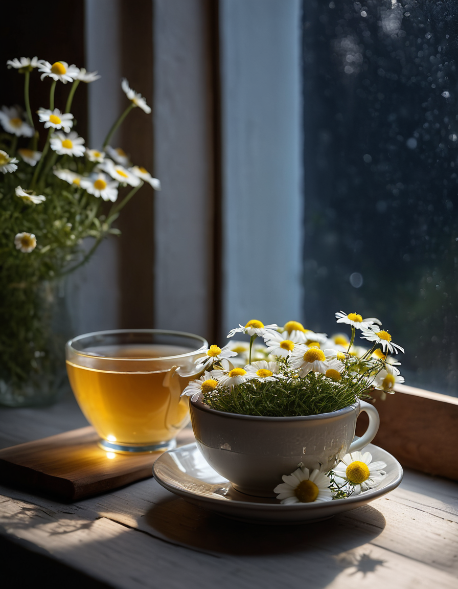 chamomile tea on a windowsill macro