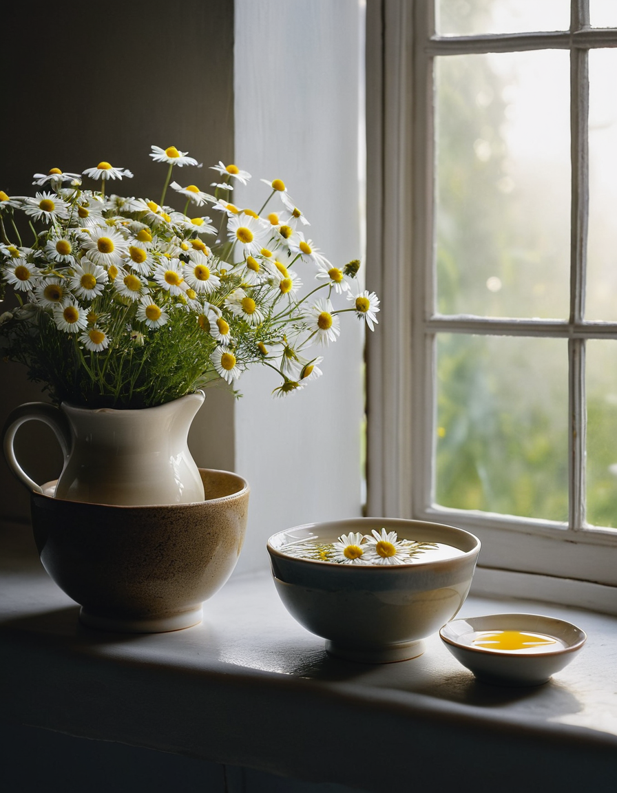 chamomile flowers floating in a bowl