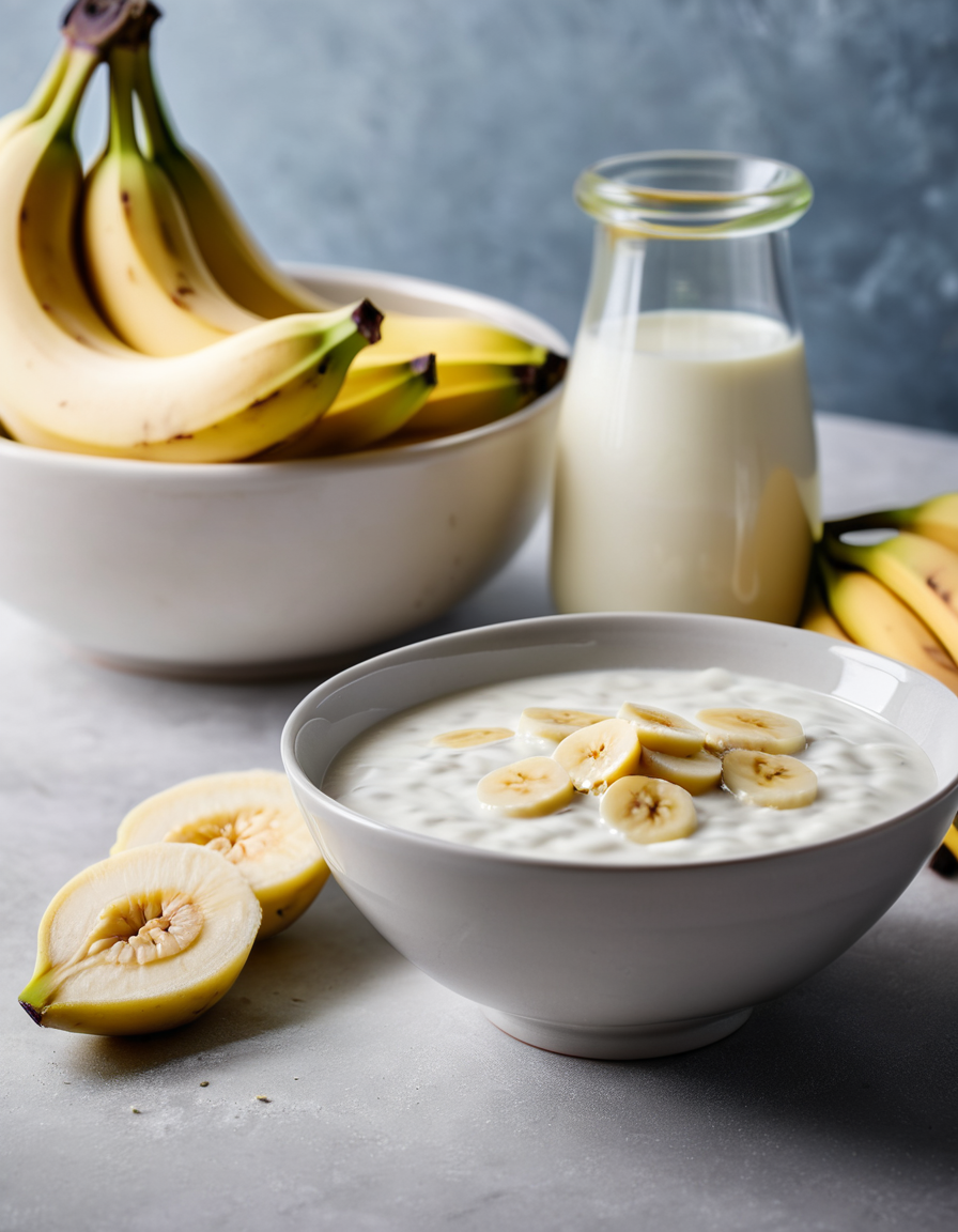 yogurt bowl with banana slices macro detail