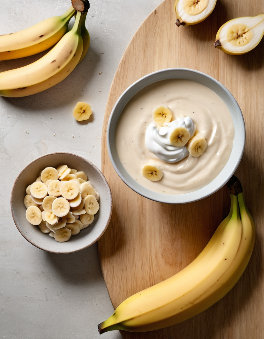 Probiotic capsules beside a ceramic bowl of yogurt with sliced banana on a light wooden table