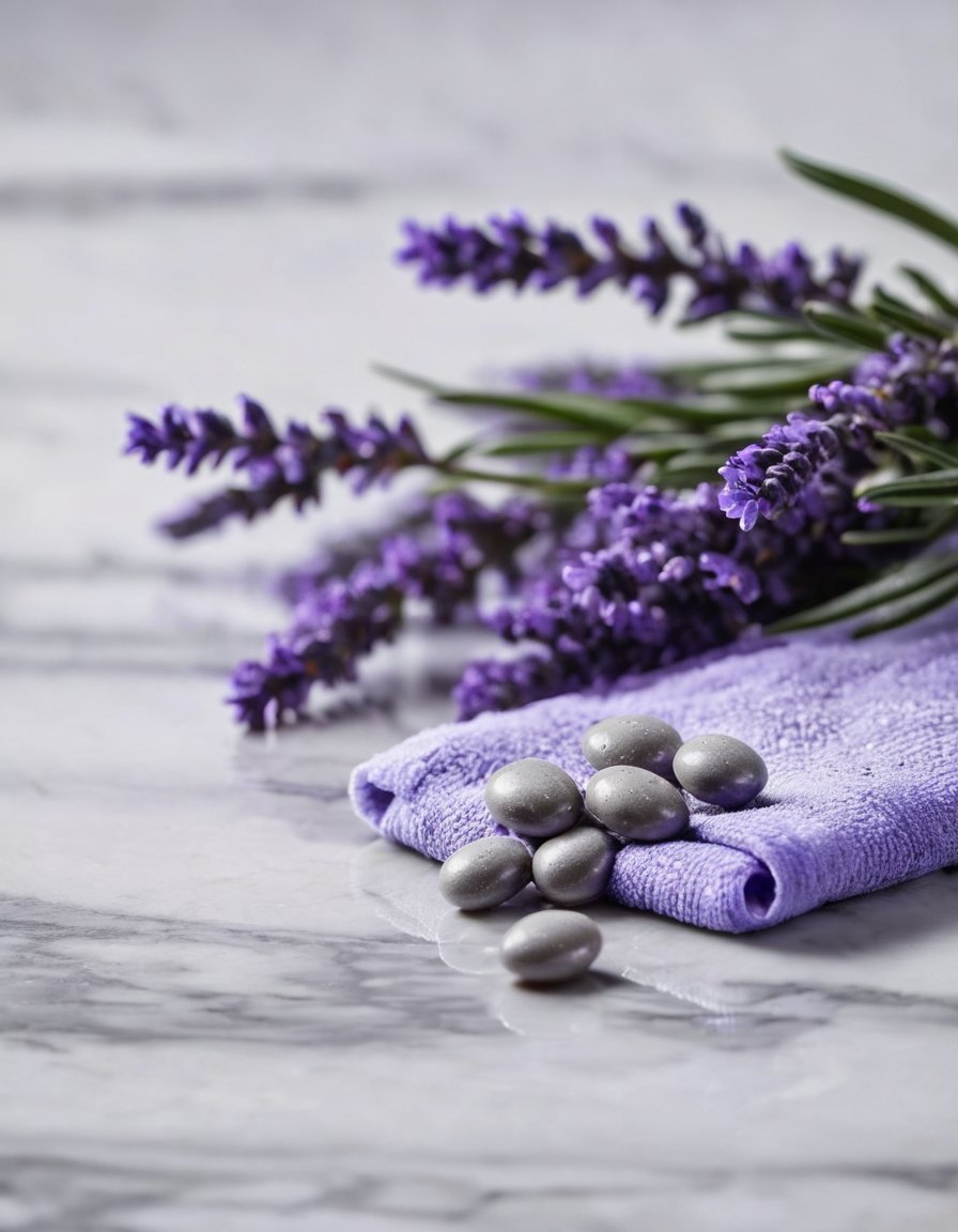 lavender sprigs with white capsules macro detail