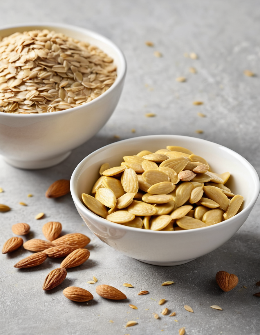 golden oat flakes and almond texture close-up