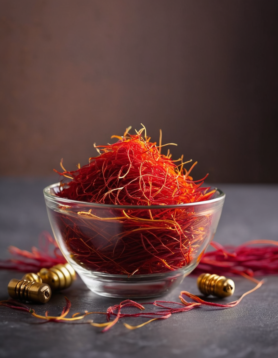 red saffron threads macro detail in glass