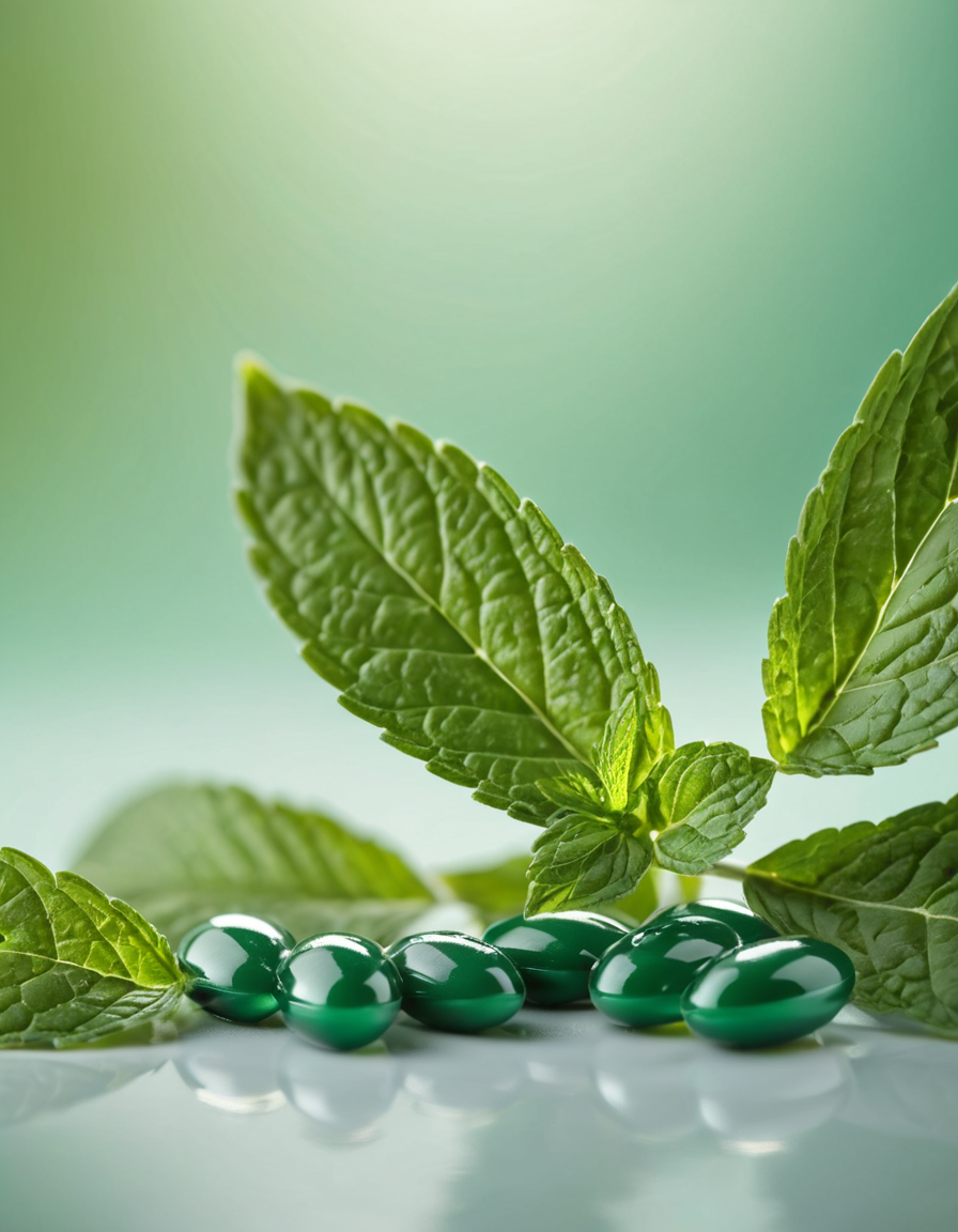 peppermint oil capsules with sprigs of mint