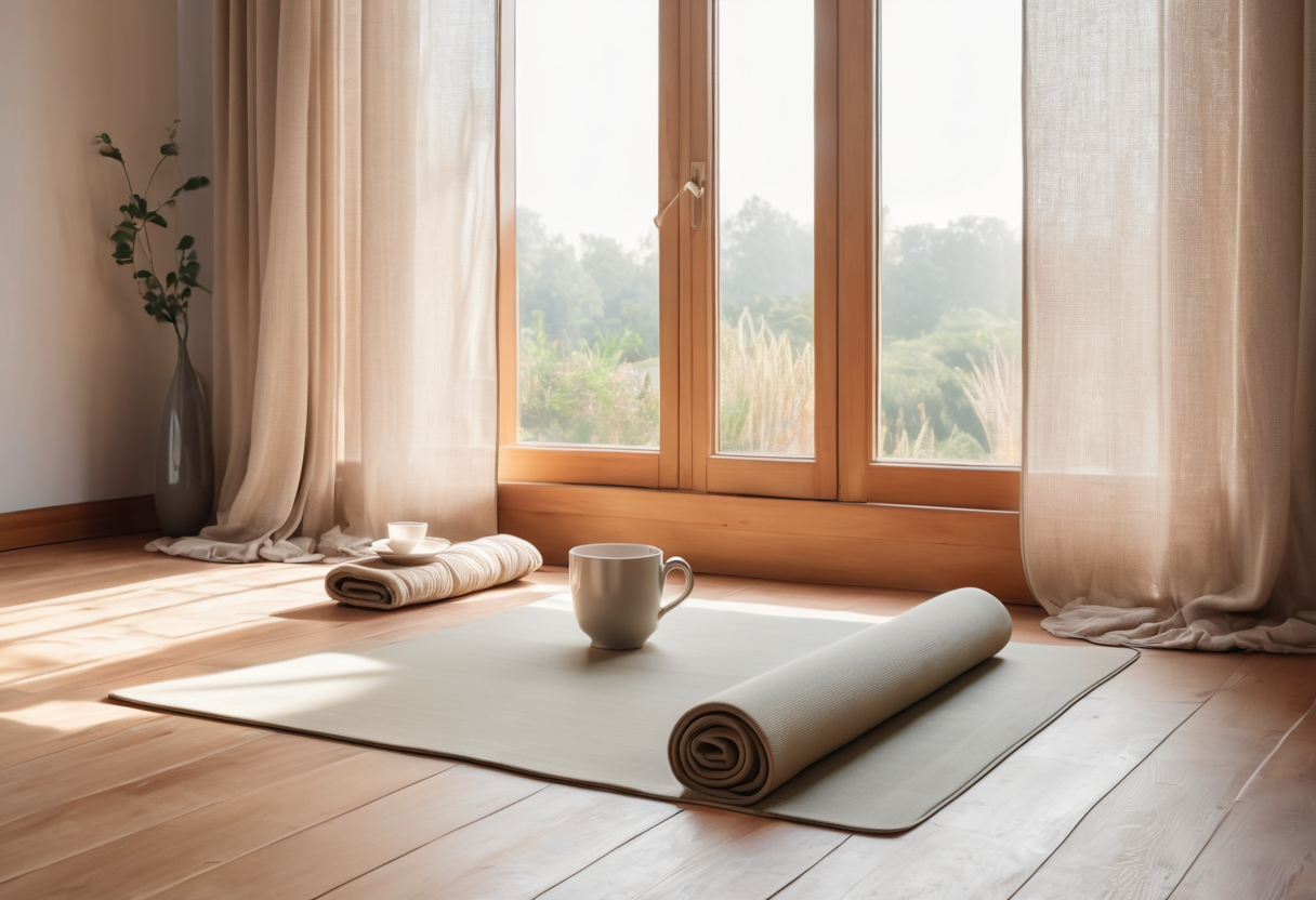 calm morning yoga and herbal tea scene
