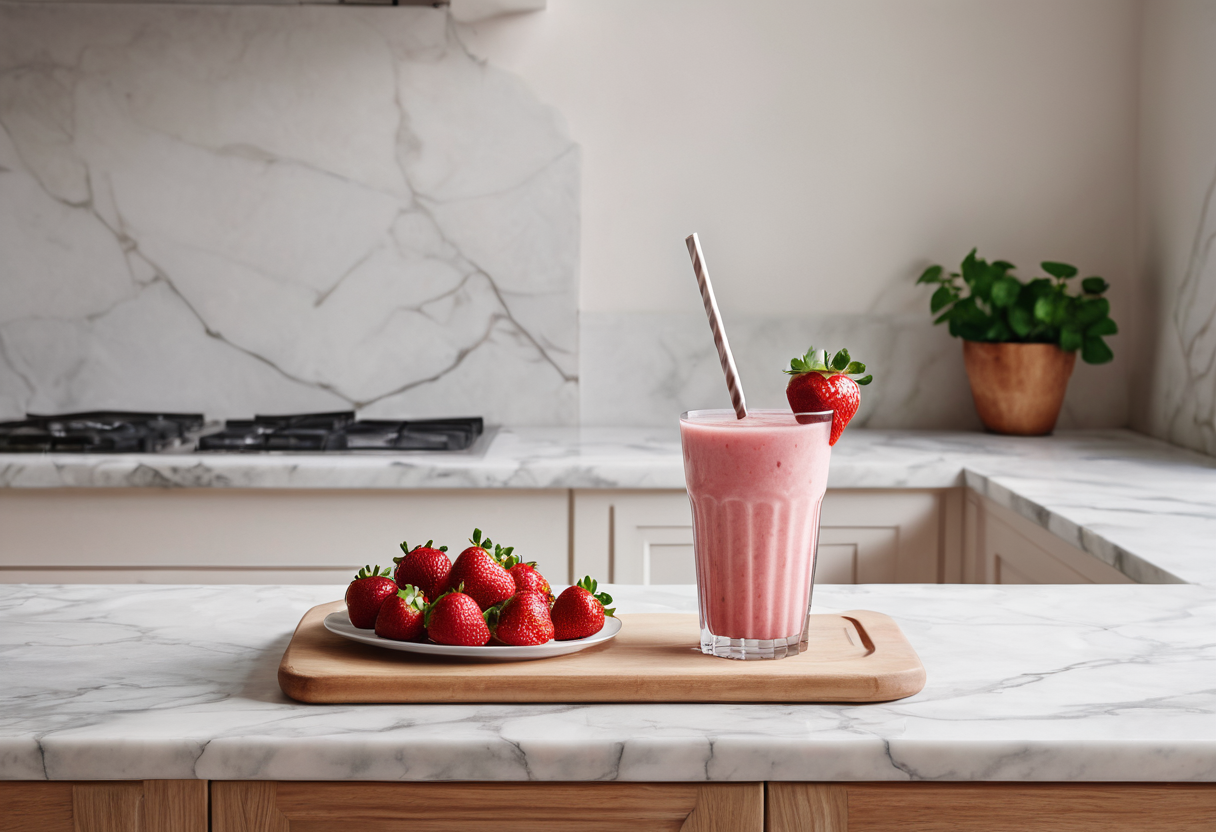 pink strawberry smoothie with fresh strawberries in bright kitchen