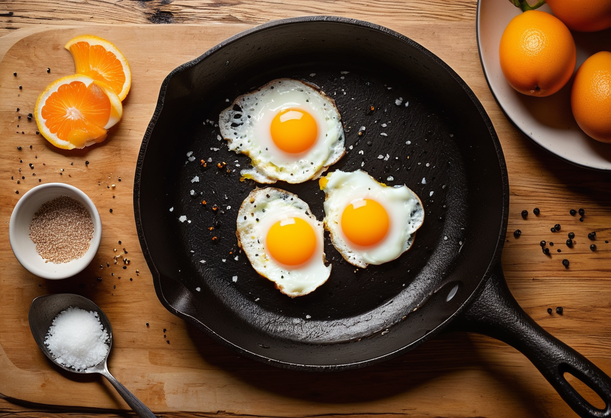 fried eggs with orange yolks in cast iron skillet