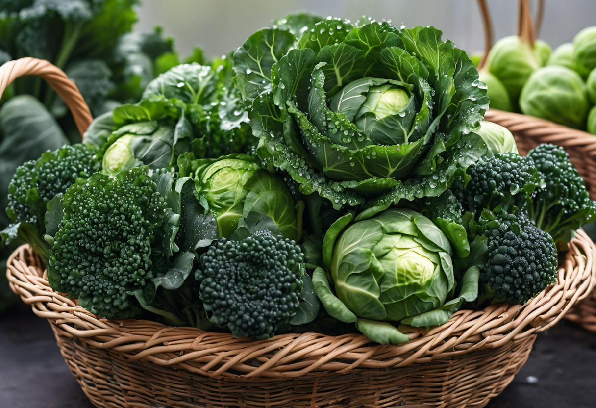 fresh kale and brussels sprouts in woven basket