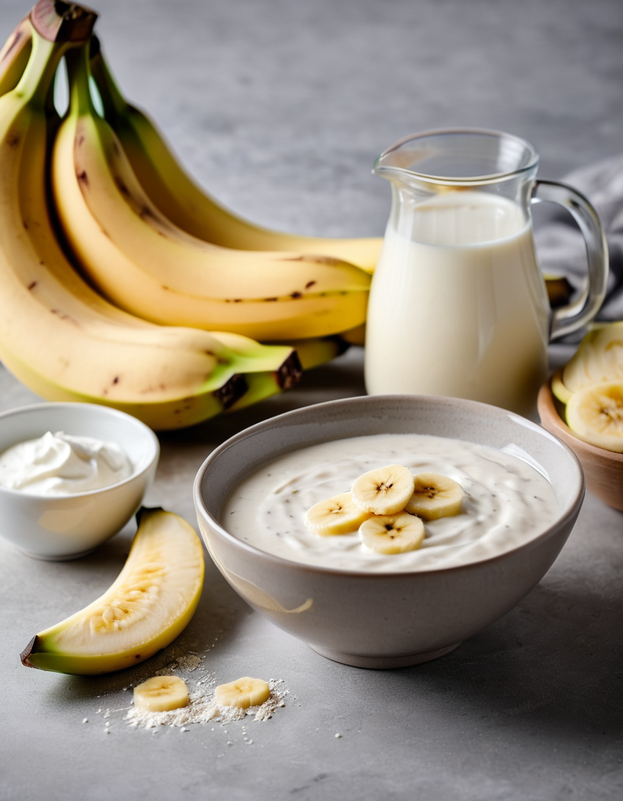 yogurt bowl with sliced bananas close-up