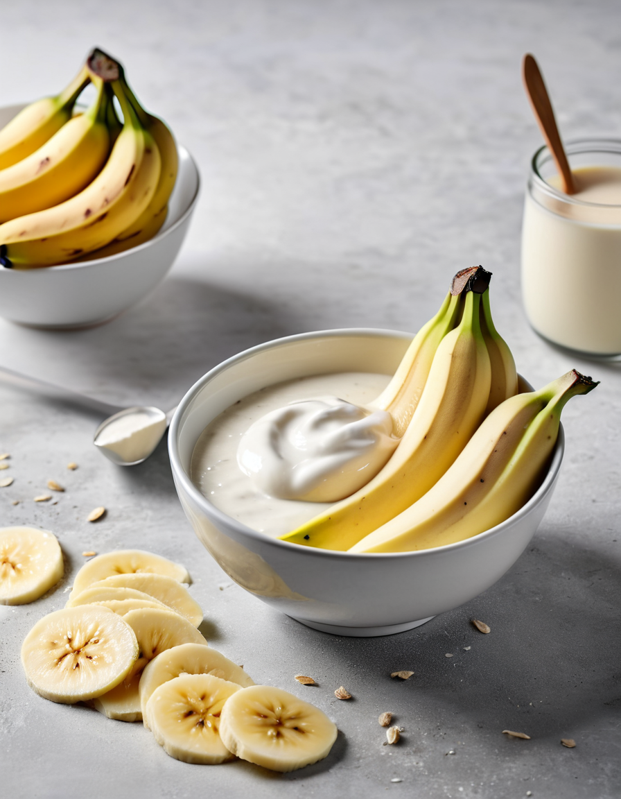 bananas with yogurt and oats in a bowl
