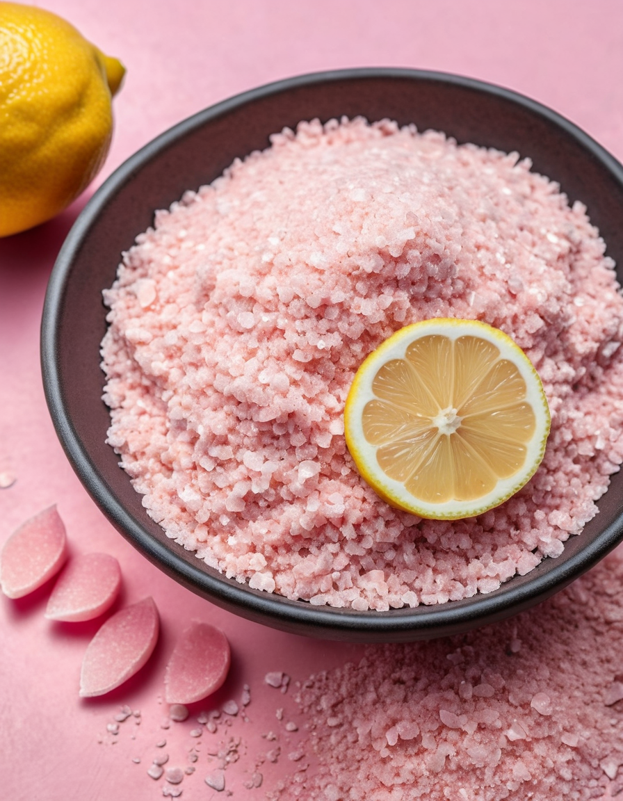 pink mineral powder texture close-up with lemon