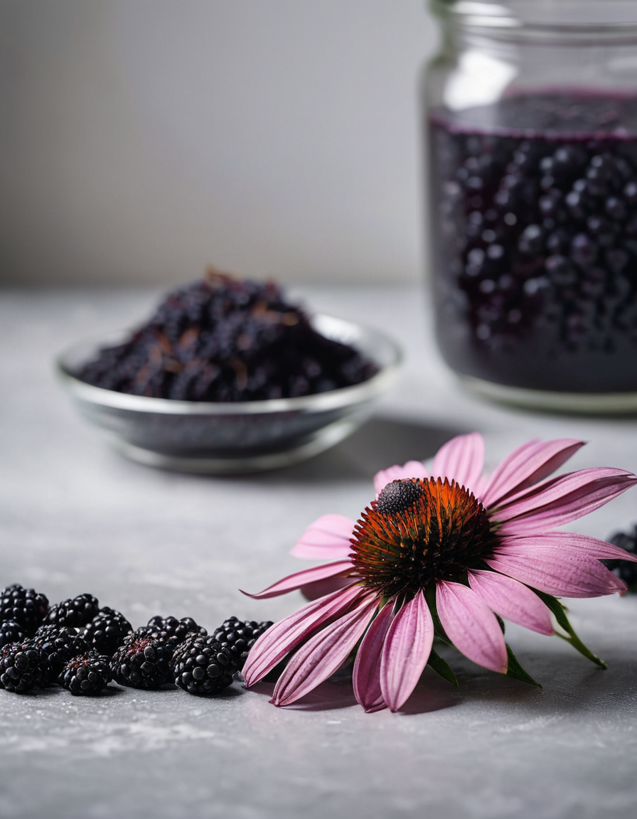 elderberries and elderberry syrup jar macro