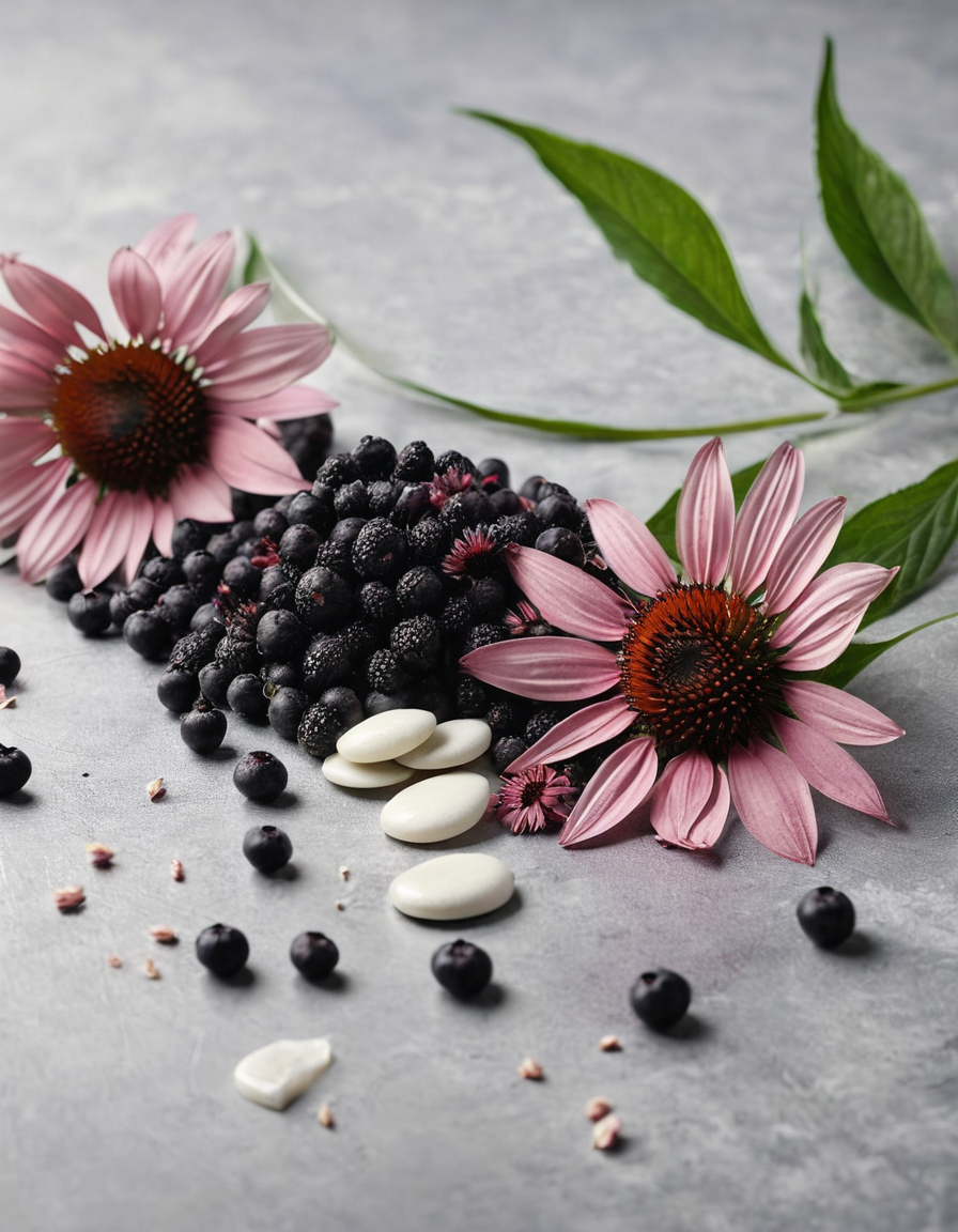 elderberry capsules with flowers and berries