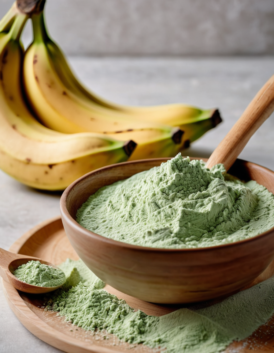 green fiber powder bowl with wooden spoon macro
