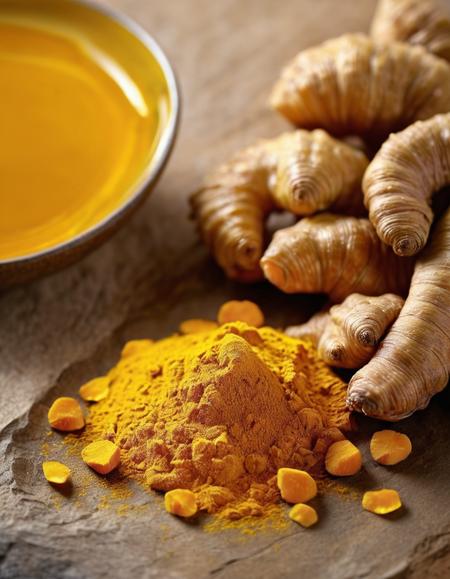 turmeric roots and powder with golden liquid macro