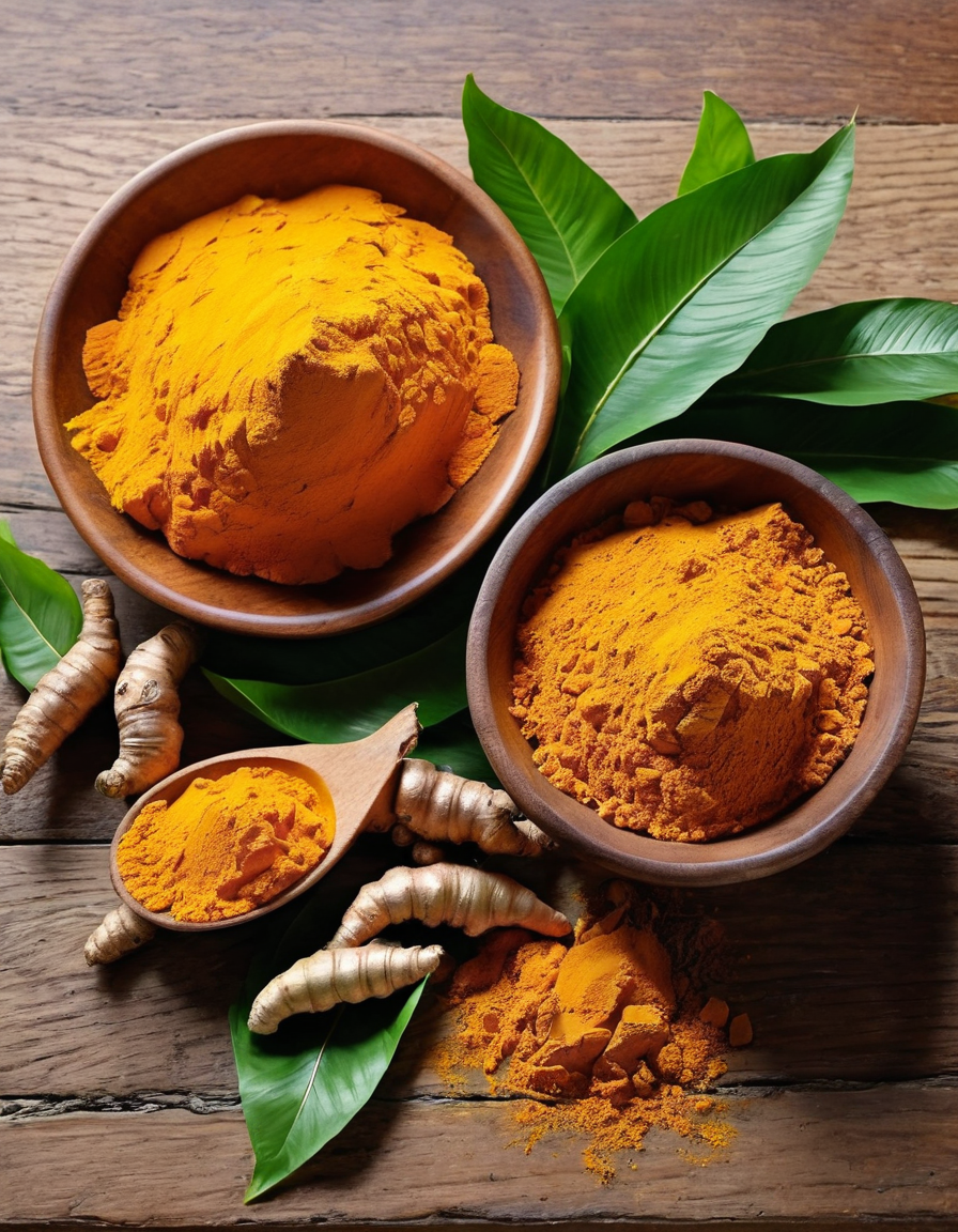 turmeric powder in wooden bowls with fresh roots and leaves