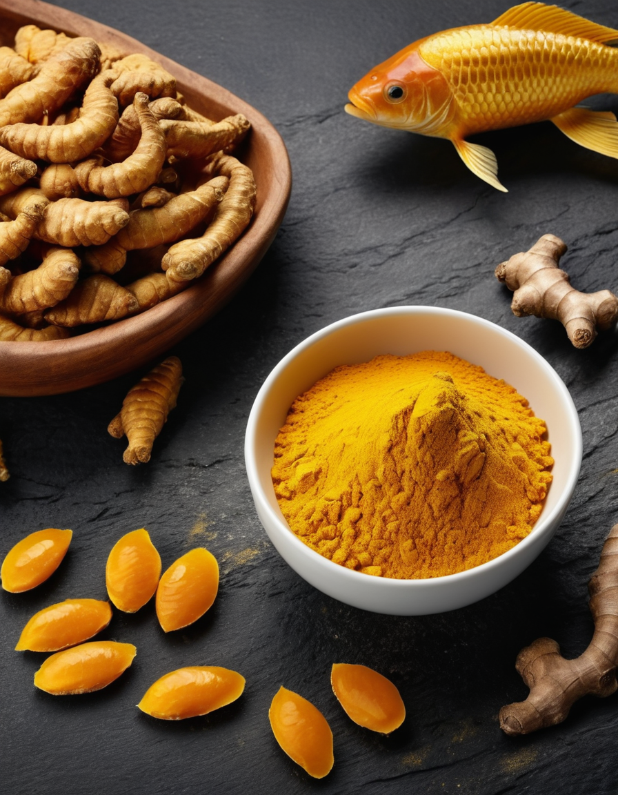 turmeric roots with yellow capsules close-up