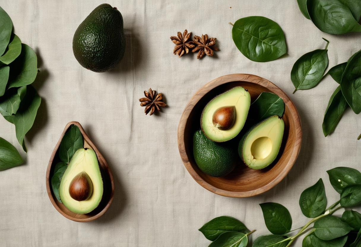 avocado walnuts and spinach flat lay