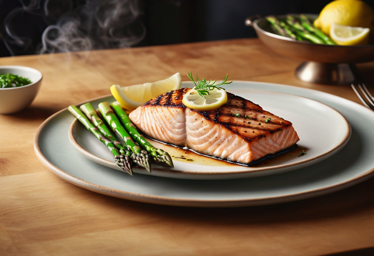 grilled salmon steak with asparagus rich in omega-3