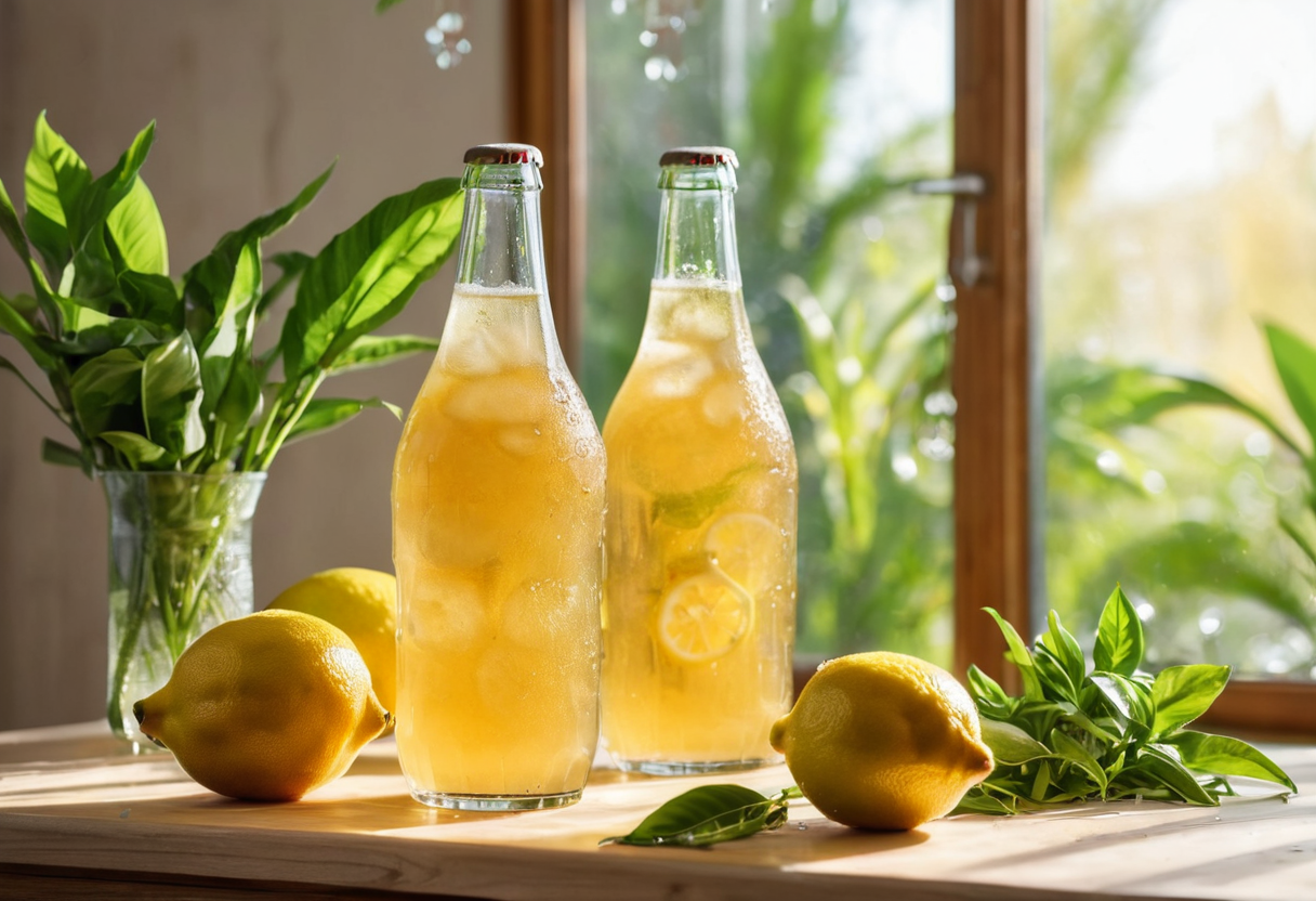 kombucha bottles with lemon in bright kitchen